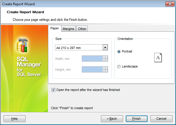 Create Report - Specifying paper settings