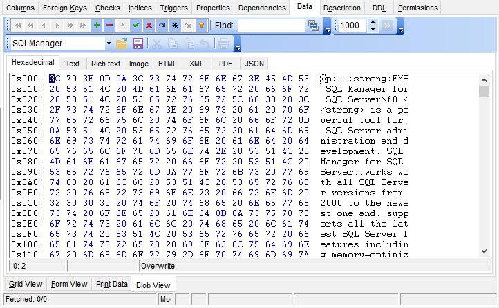 Data View - BLOB View - Hexadecimal