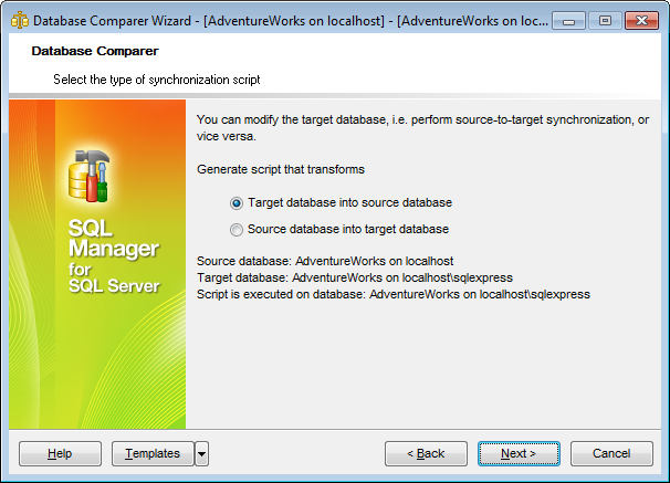 Database Comparer Wizard - Selecting type of synchronization script