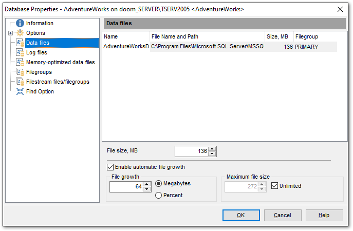 Database Properties - Data files