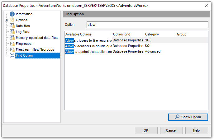 Database Properties - Find Option