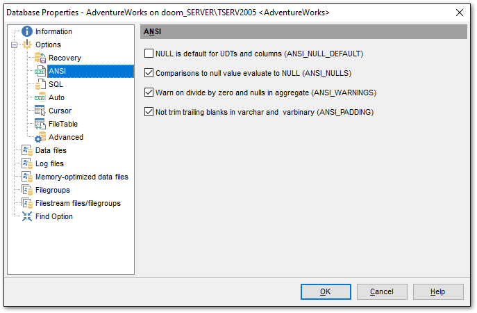 Database Properties - Options - ANSI options