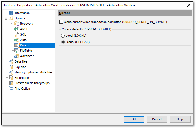 Database Properties - Options - Cursor options