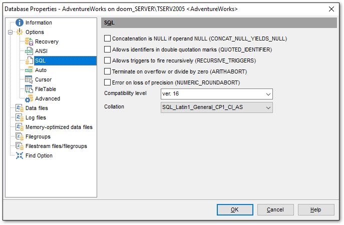 Database Properties - Options - SQL options