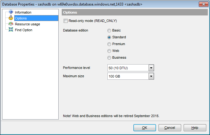 Database Properties - SQL Azure Options