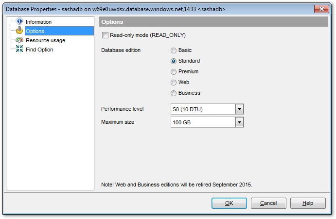 Database Properties - SQL Azure Options