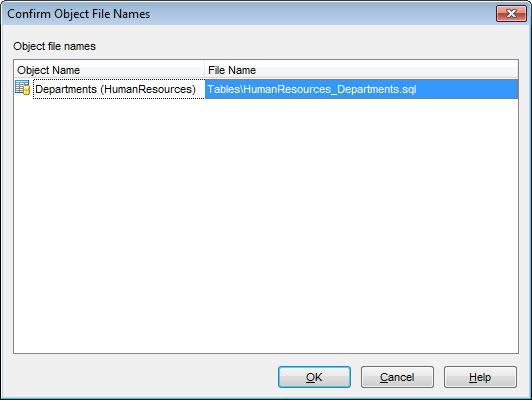 Database Registration Info - DDL to Files - Confirm object file name