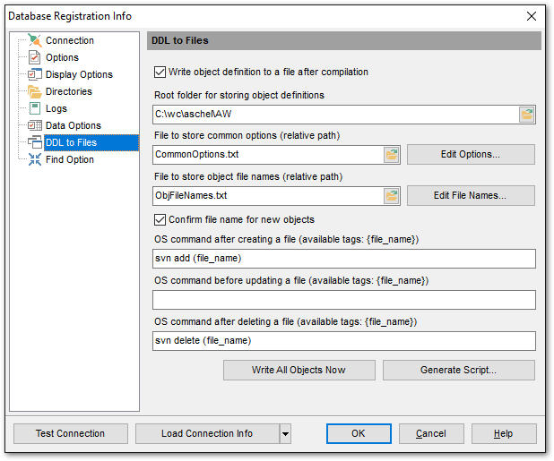 Database Registration Info - DDL to Files