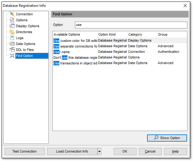 Database Registration Info - Find Option