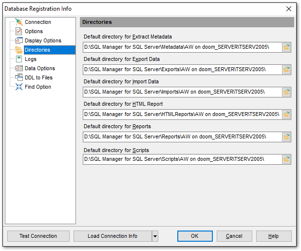 Database Registration Info - Setting default directories