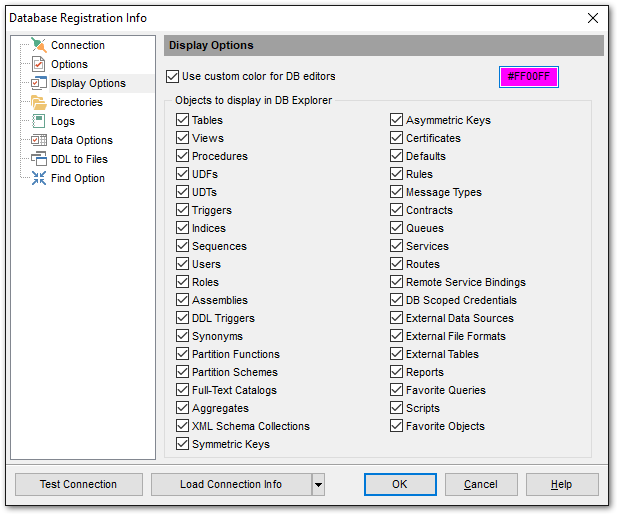 Database Registration Info - Setting display options