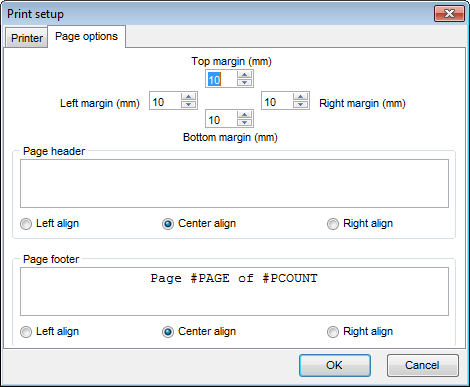 Database tools - VDBD - Print Setup - Page options