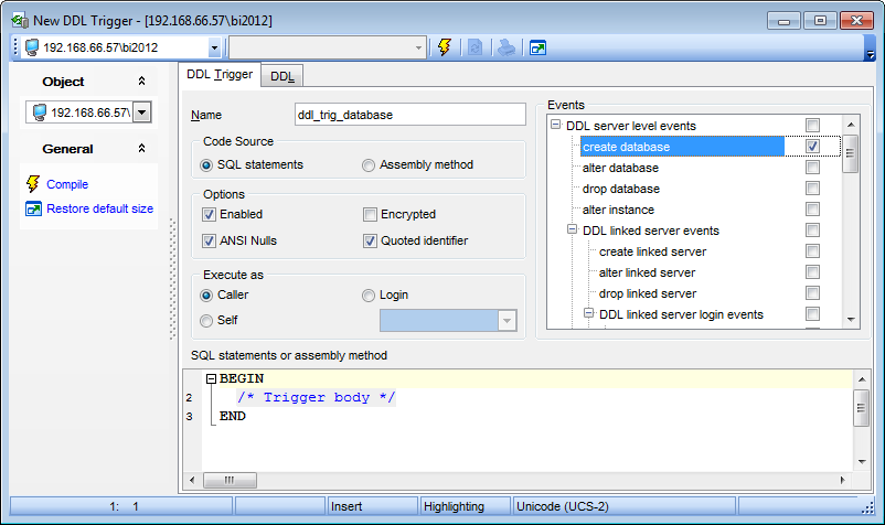 DDL Trigger Editor (server) - Editing DDL trigger definition