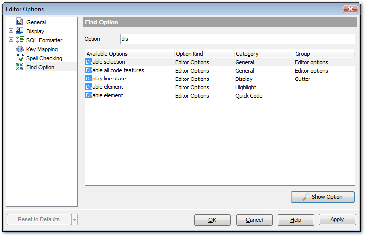 Editor Options - Find Option