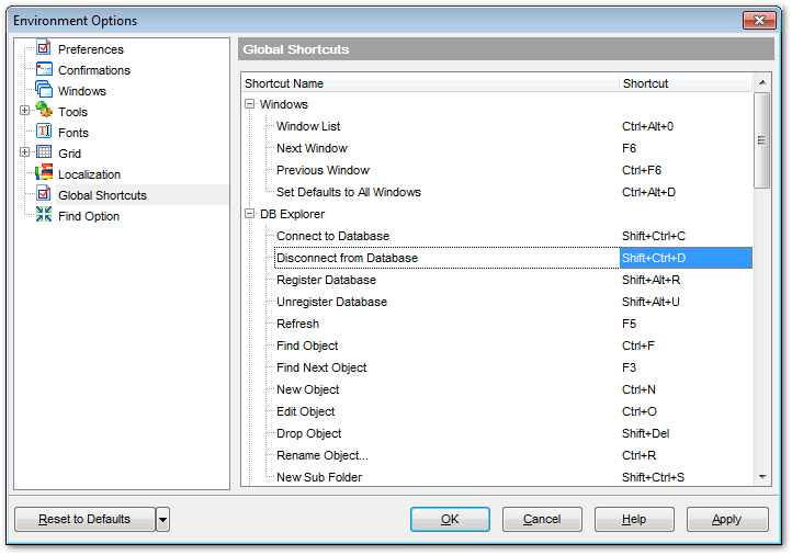 Environment Options - Global shortcuts