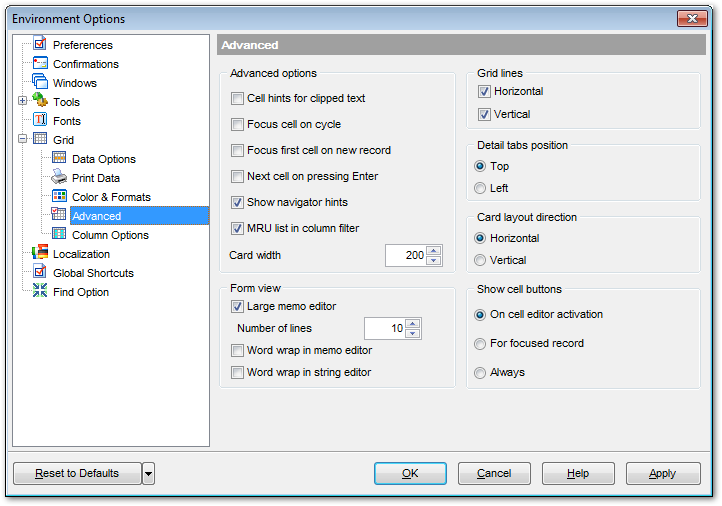 Environment Options - Grid - Advanced
