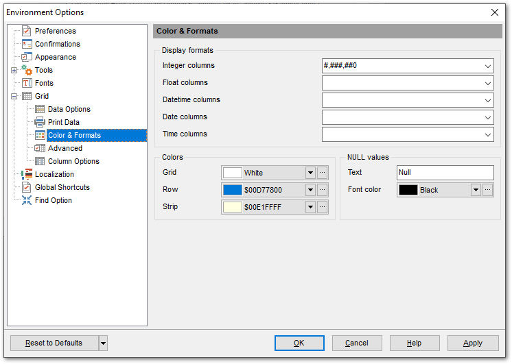 Environment Options - Grid - Color & Formats