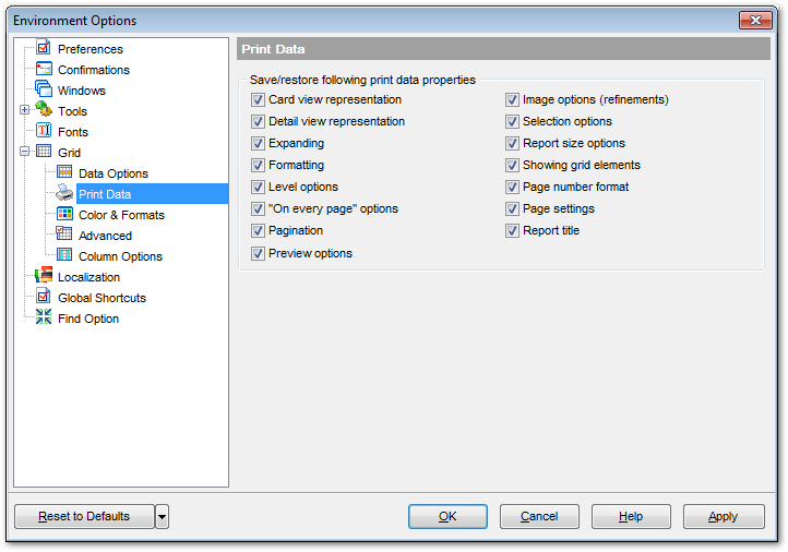 Environment Options - Grid - Print Data