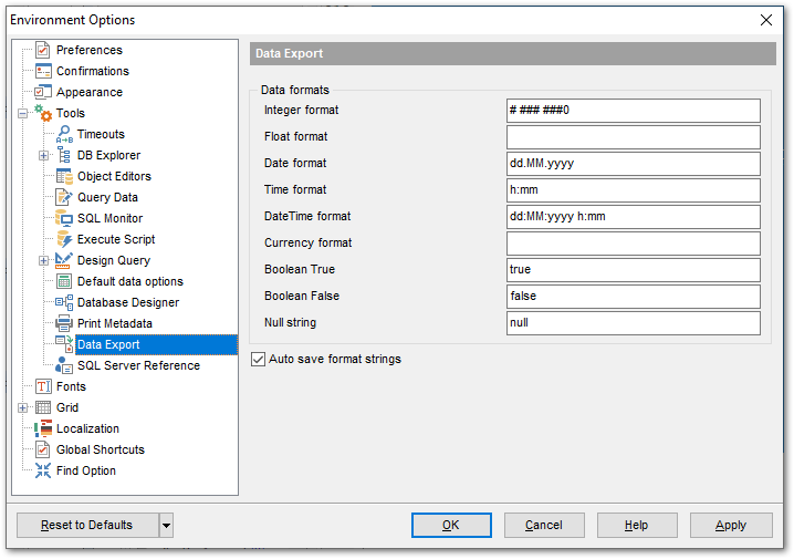 Environment Options - Tools - Data Export