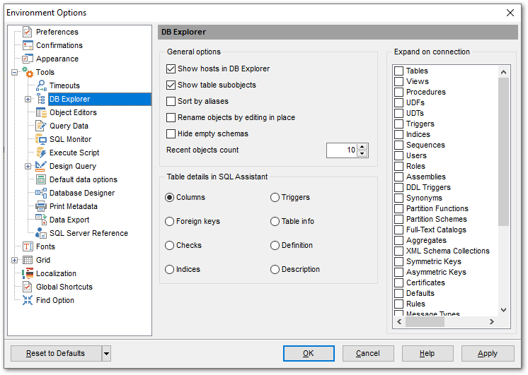 Environment Options - Tools - DB Explorer