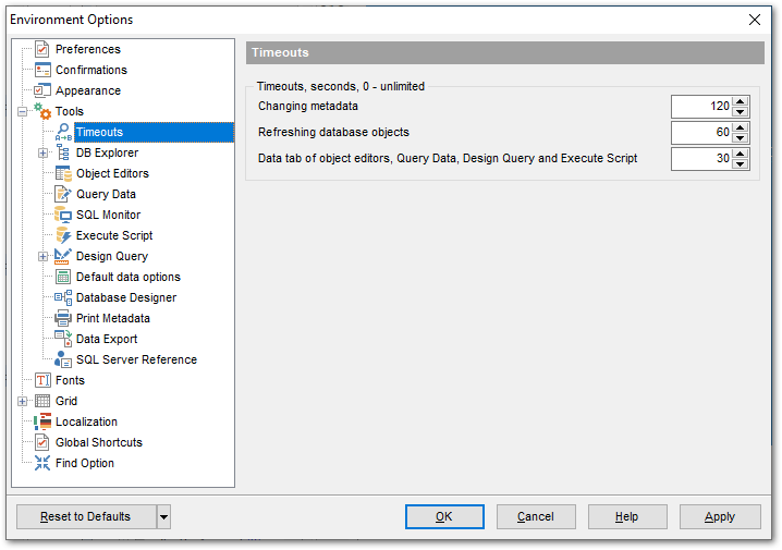 Environment Options - Tools - Timeouts