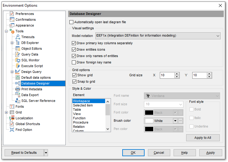 Environment Options - Tools - VDBD