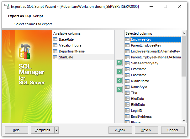 Export as SQL Script - Selecting fields to export