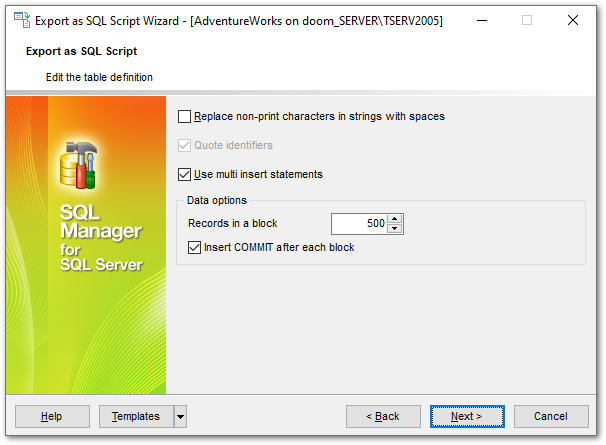 Export as SQL Script - Setting export options