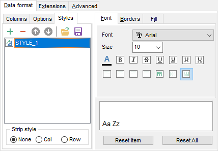 Export Data - Format-specific options - Excel - Data Format - Styles