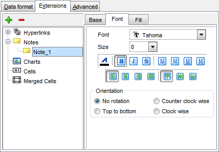 Export Data - Format-specific options - Excel - Extensions - Notes - Font
