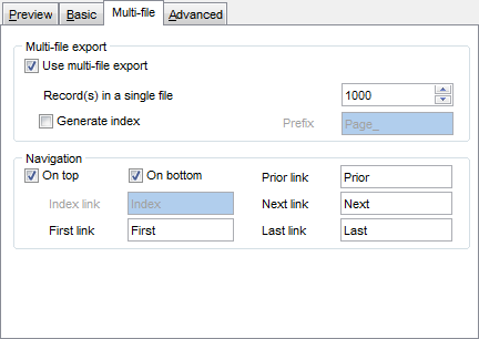 Export Data - Format-specific options - HTML - Multi-file