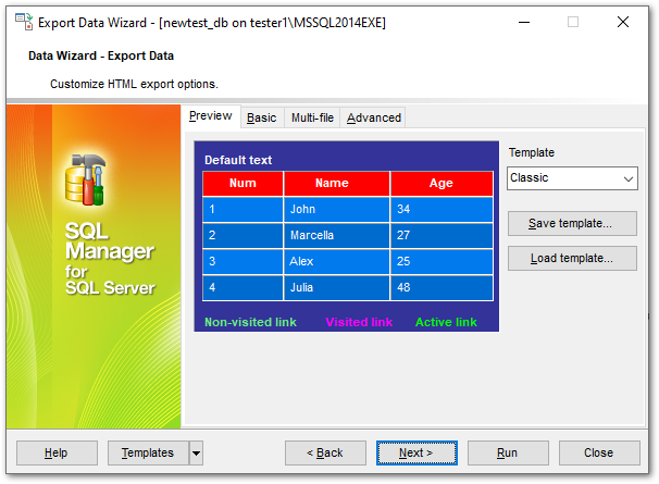 Export Data - Format-specific options - HTML