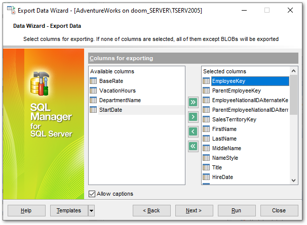 Export Data - Selecting fields for export