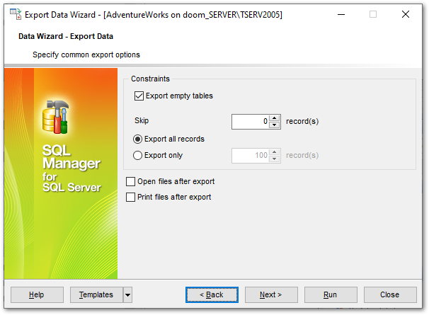 Export Data - Setting common export options