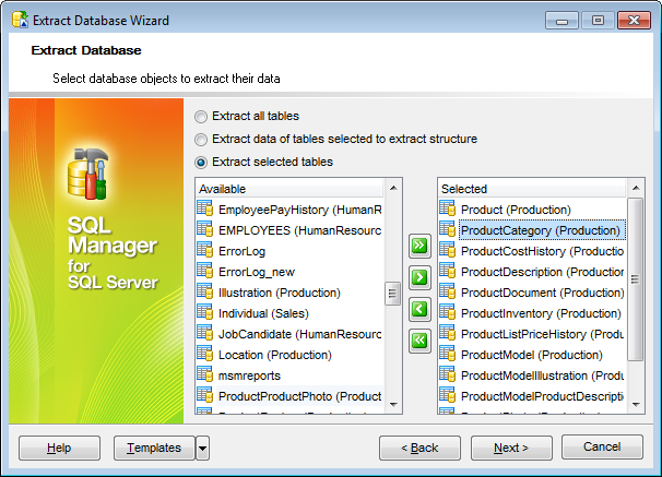 Extract Database - Selecting objects for data extraction