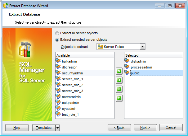 Extract Database - Selecting server objects for extraction