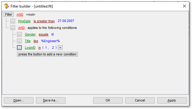 Filter Builder dialog - Applying filter conditions