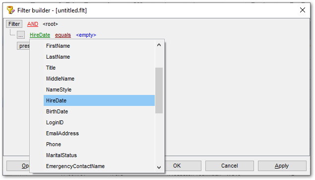 Filter Builder dialog - Setting filter criteria