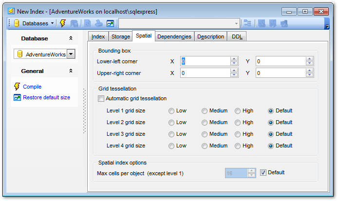 Index Editor - Spatial index options