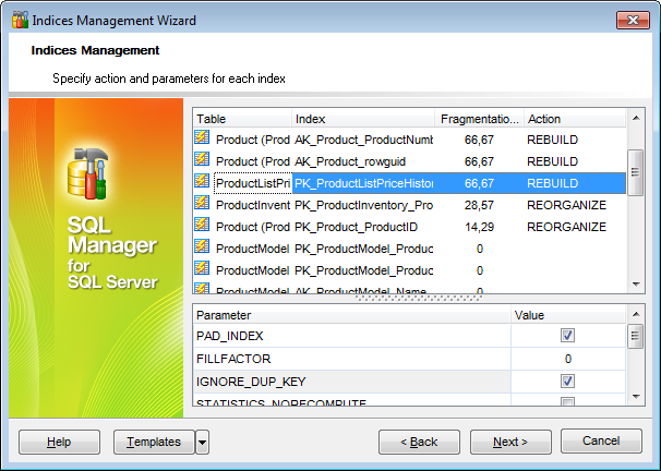 Indices Management - Specifying actions and setting options