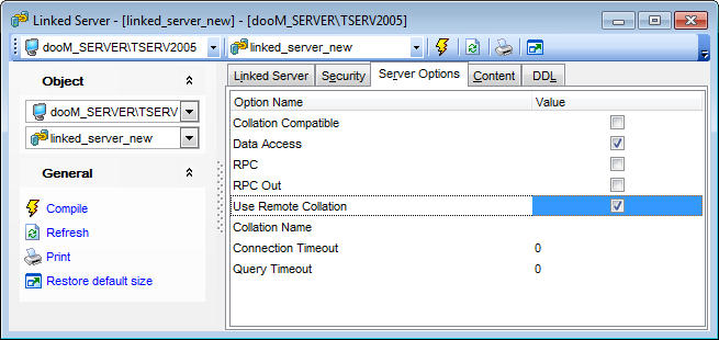 Linked Server Editor - Setting server options