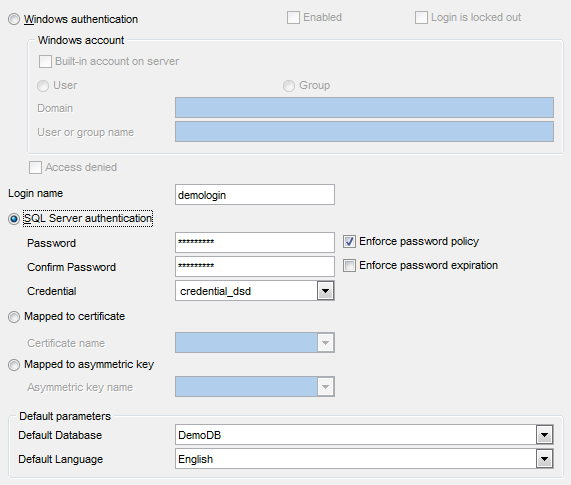 Login Editor - Setting login parameters - SQL Server authentication