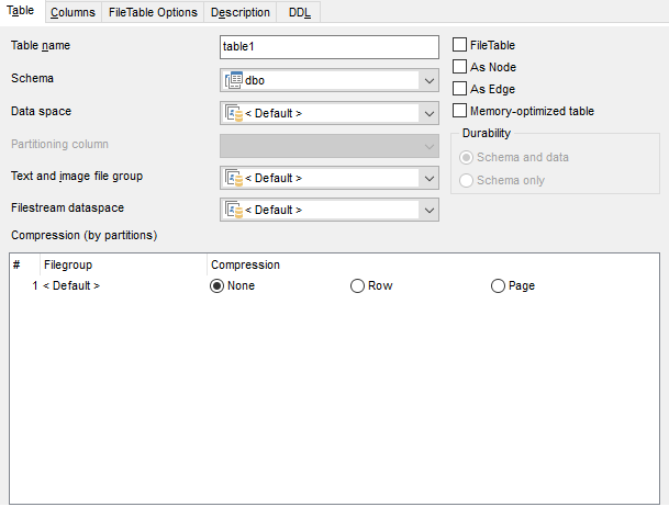 New table - Setting table properties