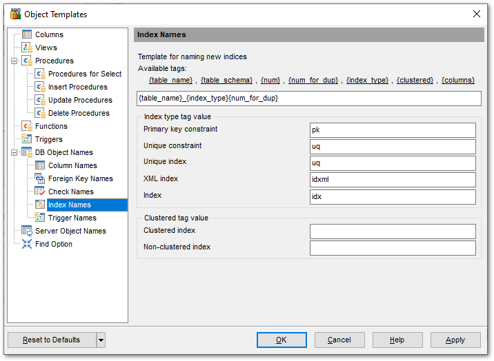 Object Templates - Index names