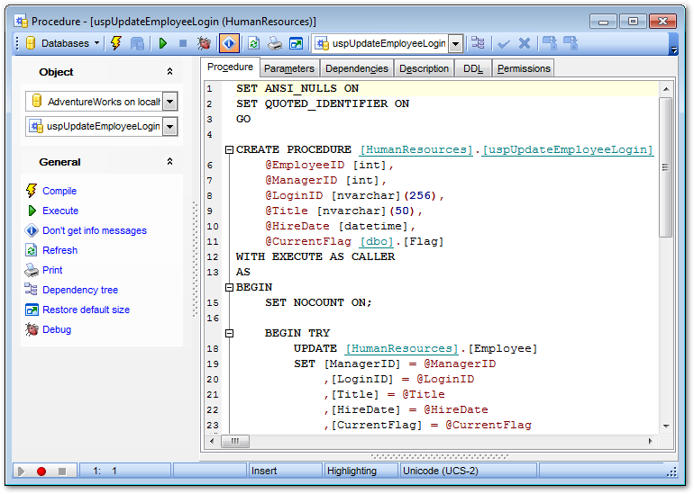 Procedure Editor - Editing procedure definition