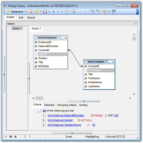 Query Builder - Working with diagram area