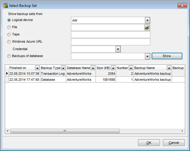 Restore Database - Selecting backup set