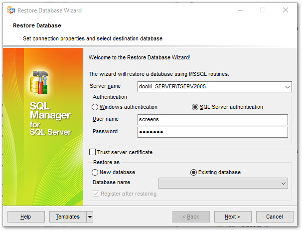 Restore Database - Selecting destination database