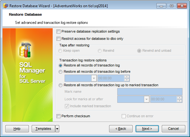 Restore Database - Setting advanced restore options