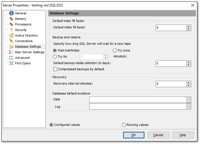 Server Properties - Database Settings